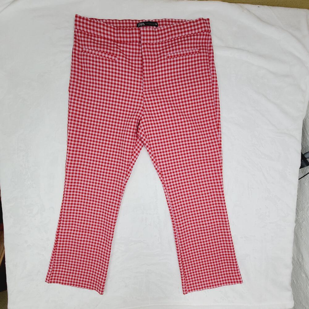 Zara Red Gingham Pants XL Cropped Stretch Trousers Retro Picnic Statement Pink